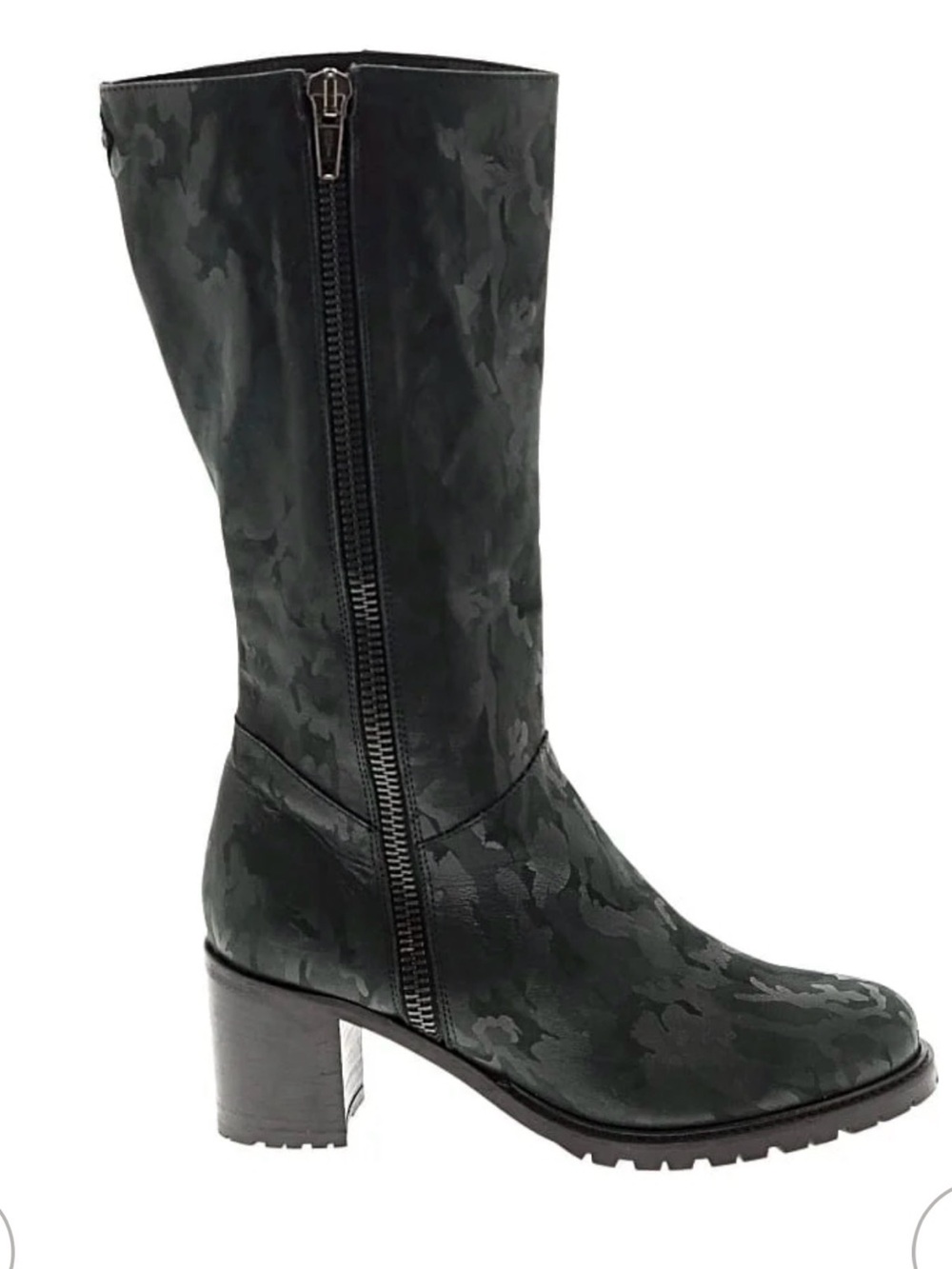 Women’s Mid-Calf Black Camouflage Leather Zip Boots